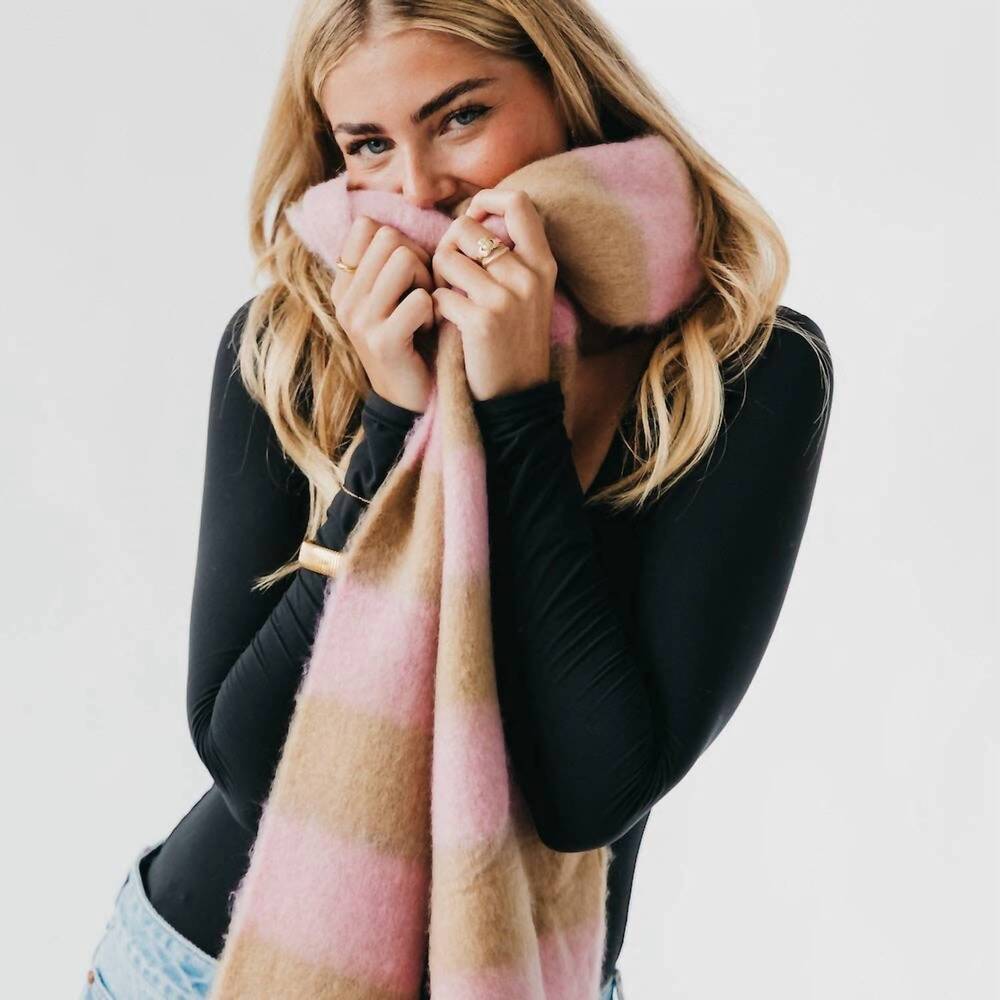 NEW PRETTY SIMPLE stevie striped tassel scarf in tan/pink - Picture 2 of 3